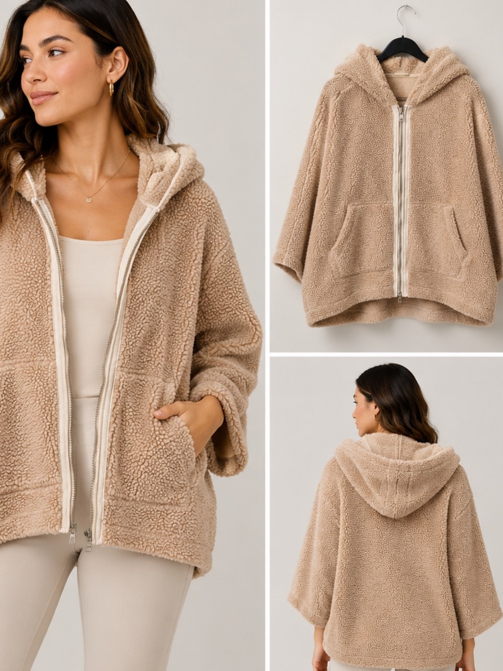 Free people over size beige zipup Cozy Tan Sherpa Jacket size ML